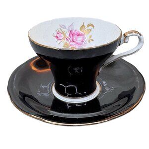 Aynsley Black With Pink Cabbage Rose Gold Leaf Detail Cup Saucer Corset Shape